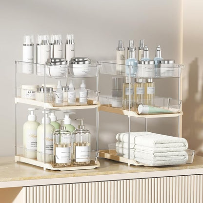Delamu 2 Pack 3-Tier Bathroom Under Sink Organizers and Storage, Multi-Purpose Stackable Pantry Organization and Storage, Pull Out Clear Kitchen Bathroom Cabinet Organizer with Movable Dividers, Beige - Image 5
