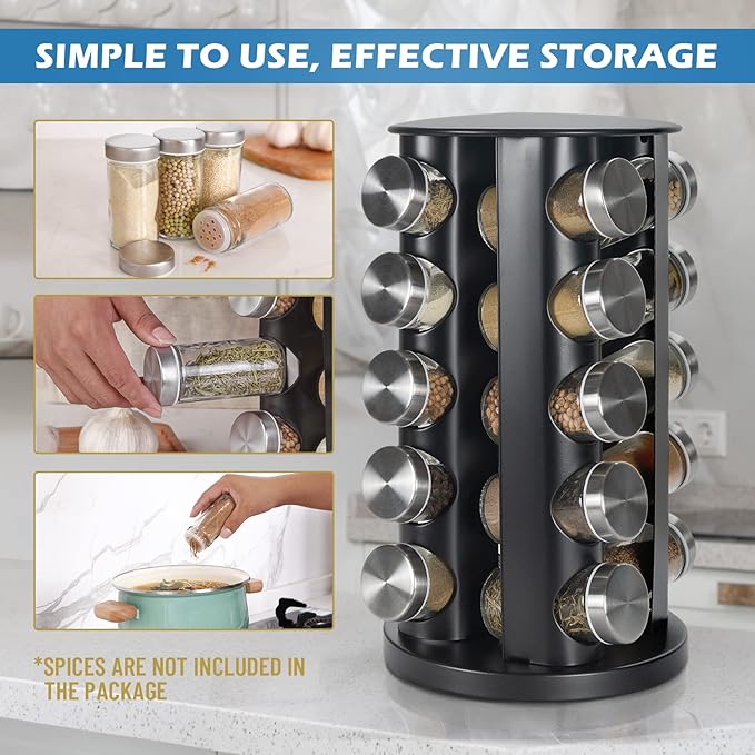 Tianifa Black Countertop Revolving Spice Rack, Empty 20-Jars Rotating Spice Rack Organizer, Round Carousel Tower, 135 Spice Labels with Funnel Complete Set, for Kitchen Countertop, Cabinet - Image 5