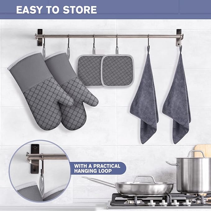 6 Pcs Oven Mitts and Pot Holders, 500℉ Heat Resistant Oven Mitts with Kitchen Towels Soft Cotton Lining and Non-Slip Silicone Surface Safe for Baking, Cooking, BBQ (Grey) - Image 6