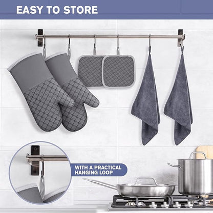 6 Pcs Oven Mitts and Pot Holders, 500℉ Heat Resistant Oven Mitts with Kitchen Towels Soft Cotton Lining and Non-Slip Silicone Surface Safe for Baking, Cooking, BBQ (Grey) - Image 6