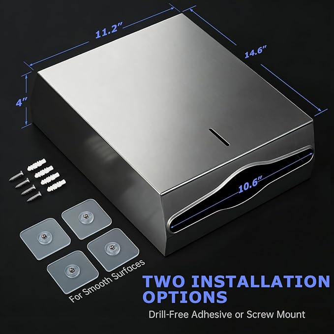 Paper Towel Dispenser Wall Mount, Keyless Magnetic Closure, Brushed Stainless Steel Bathroom Paper Towel Holder, Holds 500 Multifold or 400 C-Fold Towels, Ideal for Bathroom, Kitchen & Home - Image 2