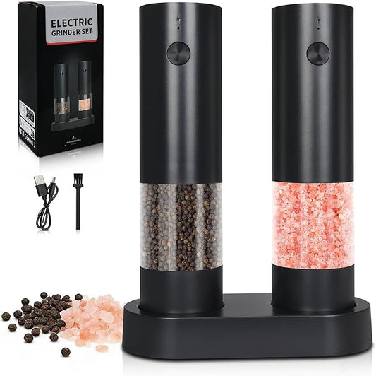 Electric Salt & Pepper Grinder Set of 2,Adjustable Coarseness with USB C Charging Rechargeable for Women &Men (Black Set)