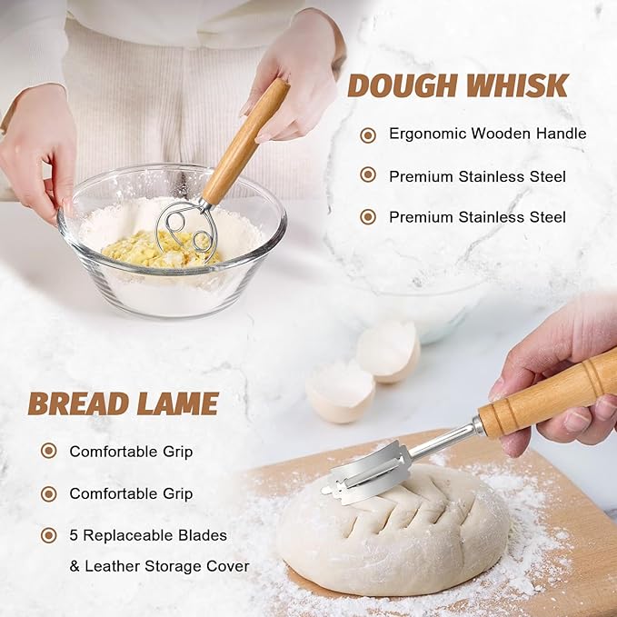 Sourdough Proofing Basket Gift Set, 9" Round and 10" Oval Banneton Bread Baking Supplies, Sourdough Baskets with Bread Lame, Danish Whish, Bowl Scraper, Sourdough Scraper, and Linen Liner - Image 3