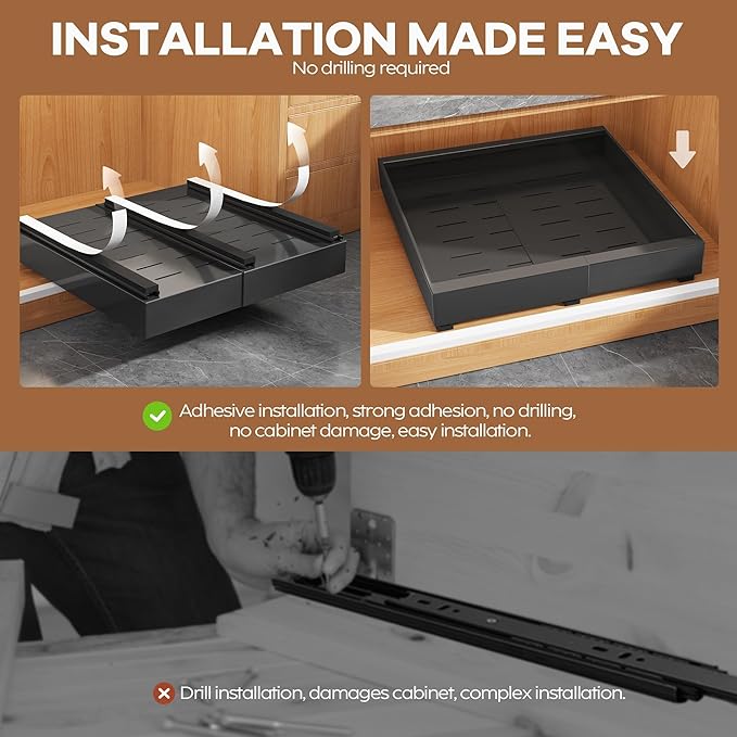 Seinloes 2Pack Expandable Pull Out Cabinet Organizer 21"Deep with Raising Pad for Framed Cabinets, Upgrade 3 Slide Rails Slide Out Drawers, Roll Out Shelves Adhesive,Adjustable Width 12.05"-20.4"Black - Image 7