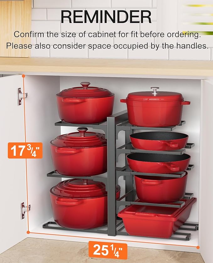 ORDORA Pots and Pans Organizer Rack for Cabinet, 15.83" Height 8-Tier Heavy Duty 120LBS Pot Pan Organizer under Cabinet Adjustable for Dutch Oven, Cast-iron Pan, Heavy Skillets Griddles, Shallow Pot - Image 2