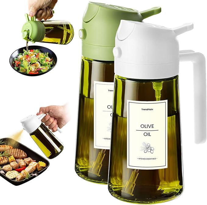 TrendPlain - 16oz Olive Oil Dispenser for Kitchen - 2 in 1 Olive Oil Dispenser and Oil Sprayer - Olive Oil Dispenser Bottle w/Stickers - Olive Oil Sprayer for Cooking 2Pcs White&Green (Light Blockage) by TrendPlain