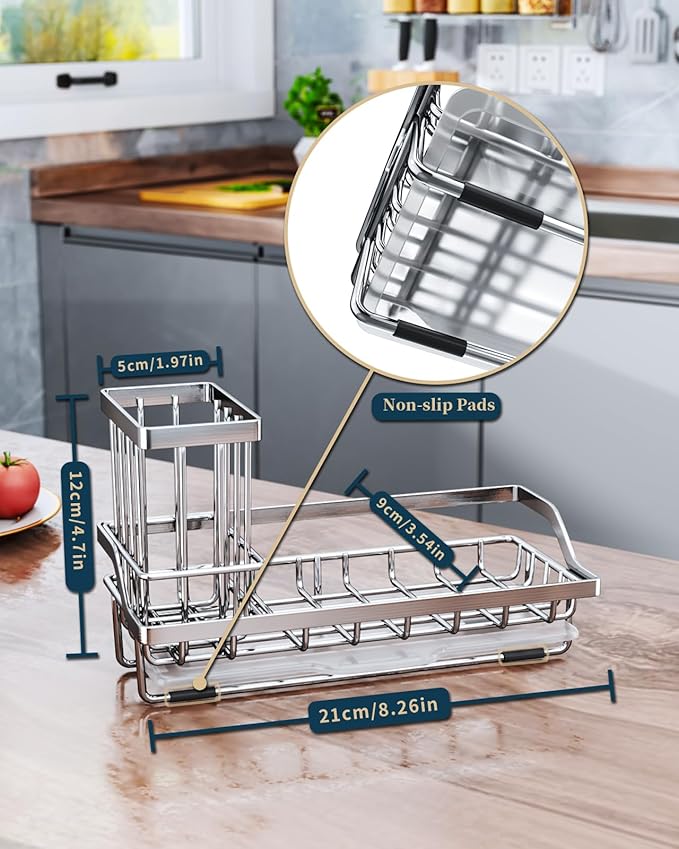 Consumest Sink Caddy, Kitchen Sponge Holder with Dish Brush Holder, Kitchen Organizer with Drip Tray for Countertop, Stainless Steel Rustproof - Silver - Image 7