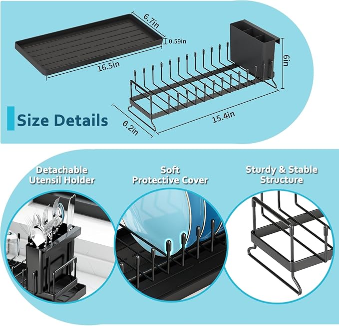ANTOPY Small Dish Drying Rack - Compact Dish Rack for Kitchen Counter with Silicone Dish Drying Mat, Stainless Steel Dish Drainer for Kitchen Sink Cabinet, Space Saving Plate Rack Cutlery Holder - Image 6
