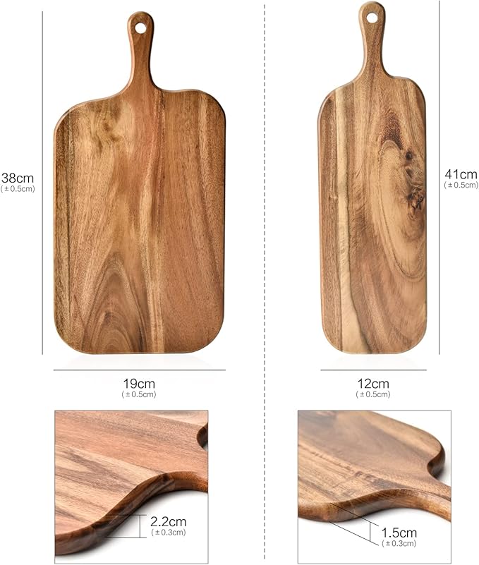 BILL.F Acacia Wood Cutting Board with Handle Small Size Long Wooden Charcuterie Board Paddle Cheese Board Serving Boards for Kitchen Meat, Pizza,Cheese, Bread, Vegetables &Fruits 16'' x 4.7'' x 0.6'' - Image 4