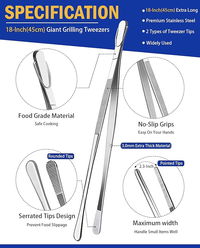 JETKONG 2 Pcs 18 Inch (45cm) Stainless Steel Grill Tongs Heavy Duty Giant Tweezer Tongs, Extra Large Tweezers Tools for Cooking, Grilling, BBQ and Turning Food (Silver) - Image 2