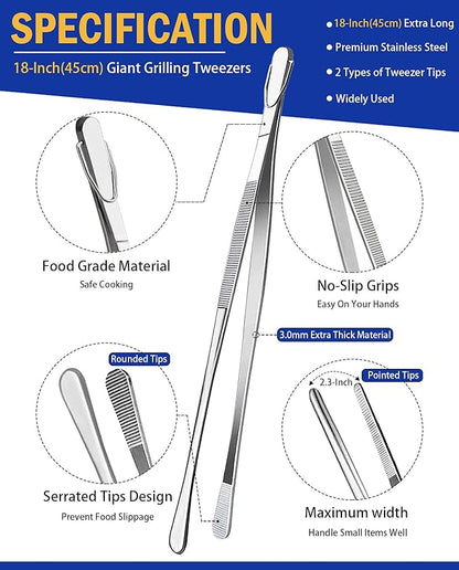 JETKONG 2 Pcs 18 Inch (45cm) Stainless Steel Grill Tongs Heavy Duty Giant Tweezer Tongs, Extra Large Tweezers Tools for Cooking, Grilling, BBQ and Turning Food (Silver) - Image 2