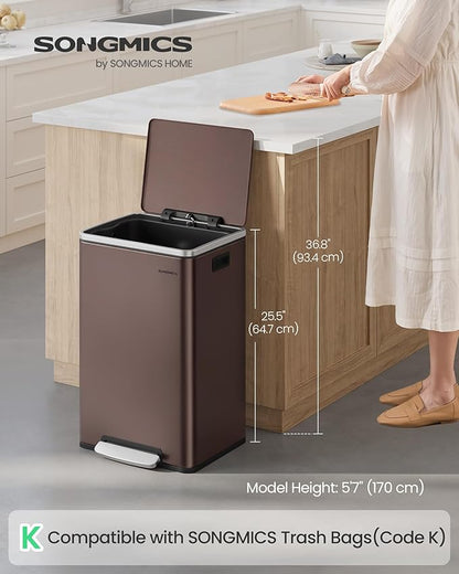 SONGMICS Trash Can, 13-Gallon Gabbage Can, with 15 Trash Bags, Stainless Steel, with Soft-Close Lid, Removable Inner Bucket, Handles, Red Brown ULTB595MZ01 - Image 2