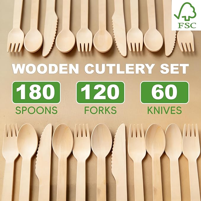 Compostable Wooden Utensils - 360 Pcs [180 Forks, 60 Knives, 120 Spoons], Disposable Cutlery, Biodegradable Wooden Silverware for Parties, Picnics, and Camping - Image 2