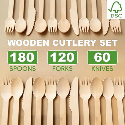 Compostable Wooden Utensils - 360 Pcs [180 Forks, 60 Knives, 120 Spoons], Disposable Cutlery, Biodegradable Wooden Silverware for Parties, Picnics, and Camping - Image 2