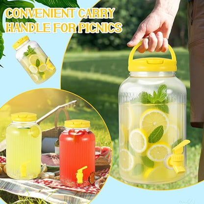 SiliFine 2 Pieces 1 Gallon Plastic Beverage Dispenser with Spigot Striped Clear Large Drink Beverage Dispenser Summer Fridge Water Container with Tap for Party Iced Tea, Sangria, Lemonade(Yellow)