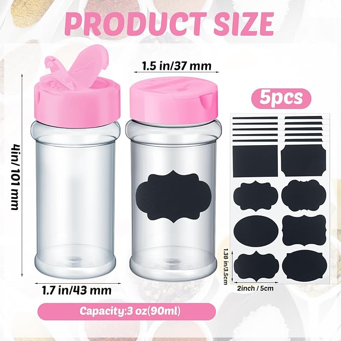 Eccliy 36 Pack 3 oz Clear Plastic Spice Jars with Label and Shaker Lids Empty Spice Bottles Seasoning Containers Seasoning Jars Shaker Condiment Pots for Pepper Herbs Powders (Pink) - Image 2