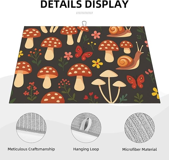 Mushroom Snail Dish Drying Mats for Kitchen Counter, Large 18"x24" Dish Mats for Drying Dishes, Microfiber Absorbent Dish Drying Pad Rack Mat Kitchen Decor Reusable Washable