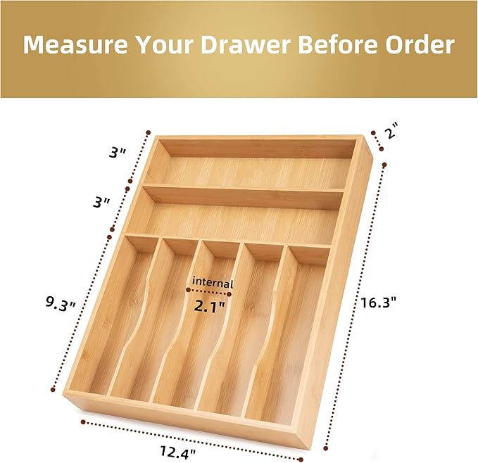Besilord Silverware Organizer Kitchen Drawer Organizer Utensil Organizer Bamboo Silverware Holder Cutlery Organizer in Drawer Flatware Organizer Tray(7 slots, Natural - Image 2