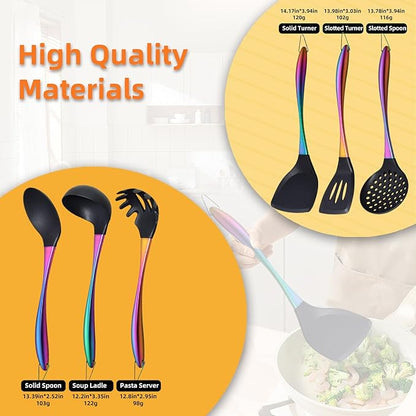 Kitchen Utensils Set, Large Non-stick Silicone Cooking Utensils Set 6 Pcs,Made of 446°F Heat Resistant Food Grade Silicone and Stainless Steel Handles,Easy to Clean Kitchen Gadgets Set (Rainbow)