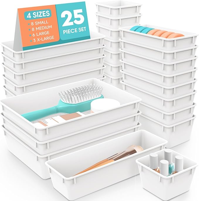 WOWBOX 25 PCS Plastic Drawer Organizer Set, 4 Sizes Desk Drawer Divider Organizers and Storage Bins for Makeup, Jewelry, Gadgets for Kitchen, Bedroom, Bathroom, Office, White by WOWBOX