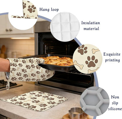 Dog Bone Paw Print Pot Holders and Oven Mitts Set Silicone Cute Animal Paws Kitchen Gloves Potholders Heat Resistant Washable,Chef Cooking Baking Gifts for Women Men Bakers Lover Cooks