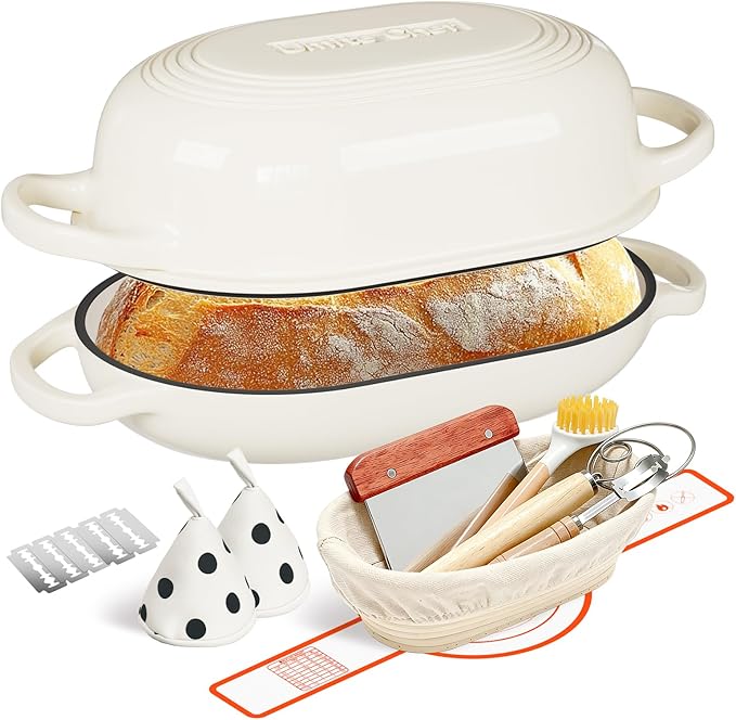 Enameled Cast Iron Dutch Oven for Bread Baking - incl. Sourdough Bread-Baking Supplies like Banneton Bread-Proofing Basket - 5QT Loaf Cast Iron Bread Oven Pan& Meatloaf Pan with Lid, Sour Sough Tools, Lame (Cream White） by UmiteChef