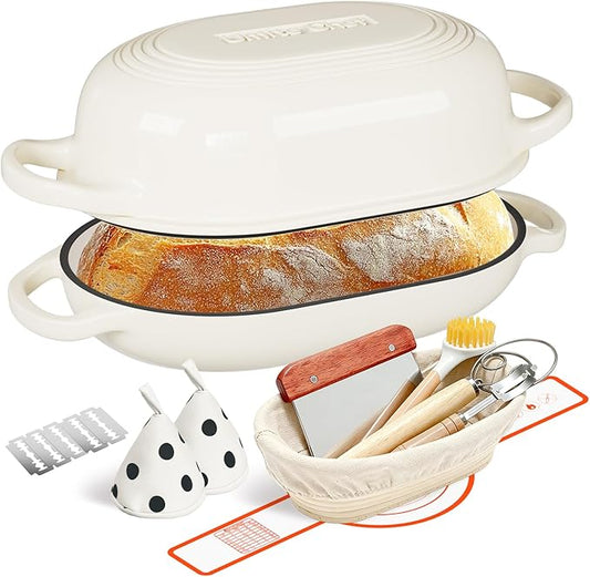 Enameled Cast Iron Dutch Oven for Bread Baking - incl. Sourdough Bread-Baking Supplies like Banneton Bread-Proofing Basket - 5QT Loaf Cast Iron Bread Oven Pan& Meatloaf Pan with Lid, Sour Sough Tools, Lame (Cream White） by UmiteChef