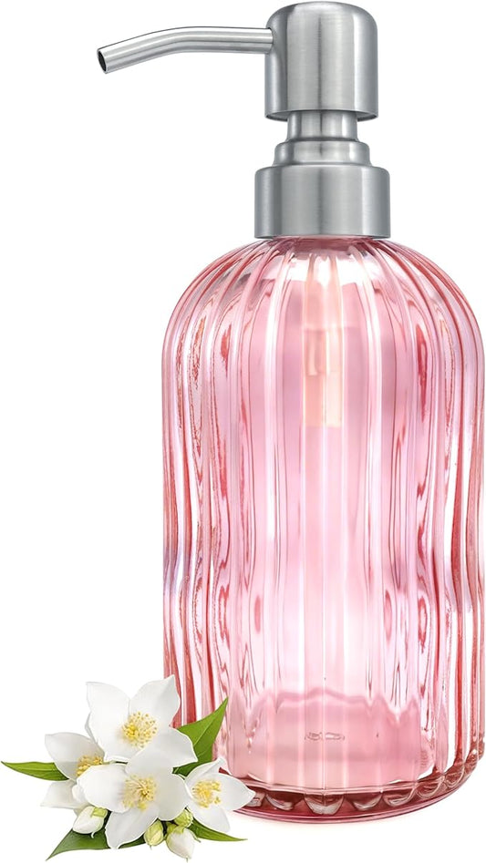 16 OZ Pink Glass Soap Dispenser Glass Soap Dispenser,Clear Pink Stripe Bathroom Hand Soap Dispensers with Stainless Steel Pump, Pink Kitchen Hand Soap Dispenser with Brushed Nickel Pump