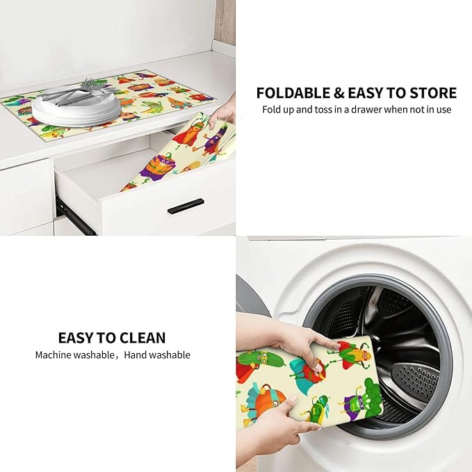 Colorful Cartoon Vegetable Dish Drying Mats, 18 x 24 inch Absorbent Microfiber Decorative Kitchen Counter Mats, Polyester, Washable, Absorption, Foldable, for Sink, Dishes Utensils, Small Appliances