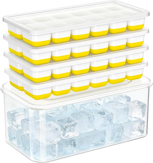 NFK Ice Cube Tray with Lid & Bin - 4 Pack 48 Cubes Stackable Silicone Trays for Freezer with Storage Container, Leak-Proof Lids, BPA-Free, Easy Release for Kitchen, RV, Party, Cocktail & Coffee by Cusbus