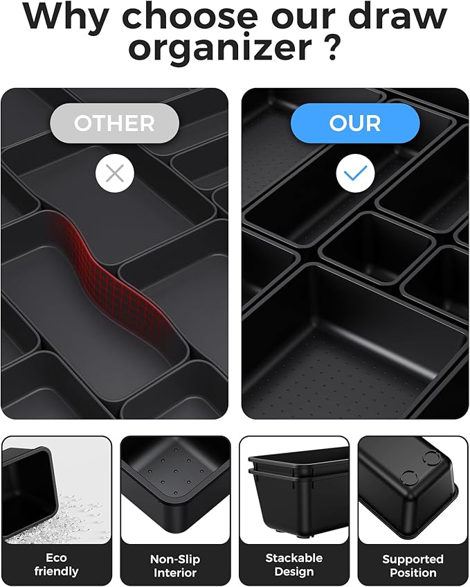 BiuLeon 25 PCS Plastic Drawer Organizers Set, 4-Sizes Vanity and Makeup Organizer, Desk and bathroom Drawer Organizer Trays, Organizers and Storage for Makeup, Jewelry, Gadgets, Utensils (Black) - Image 5