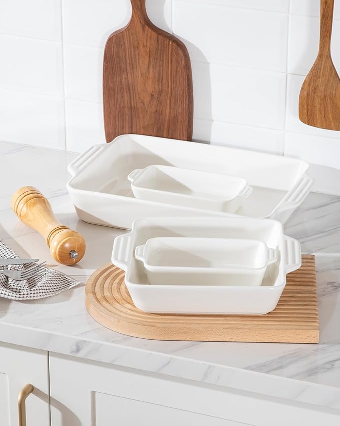 Sweejar Ceramic Bakeware Set of 4, Casserole Dishes for Oven, Rectangular Baking Dish with Handles, Lasagna Pans Deep for Cooking, Gratin, Roasting, Banquet and Daily Use (White) - Image 4
