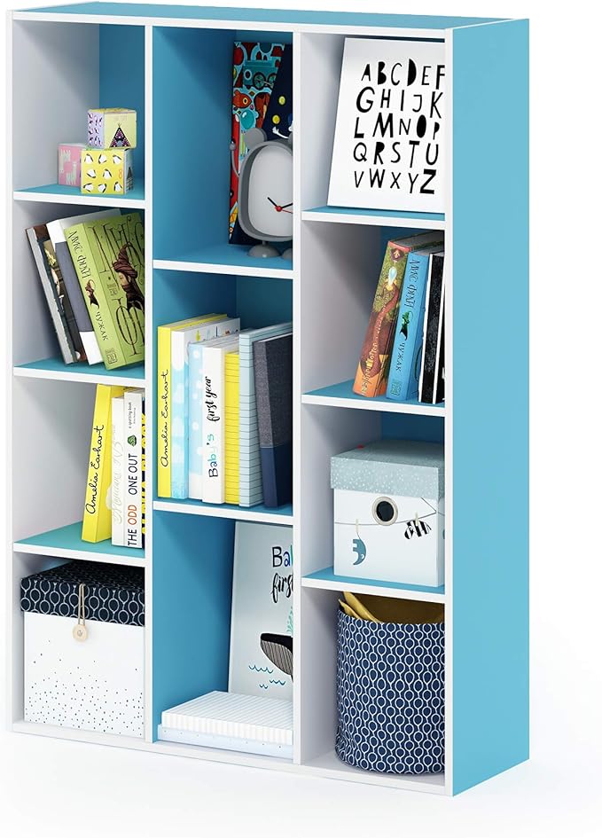 Furinno LUDER Book Shelf, 11-Cube Bookshelf, Reversible Bookcase, 9.4 x 29.1 x 41.7, Easy Assembly, for Living Room, Bedroom, Home Office, White/Light Blue by Furinno-FitsYourSpaceFitsYourBudget
