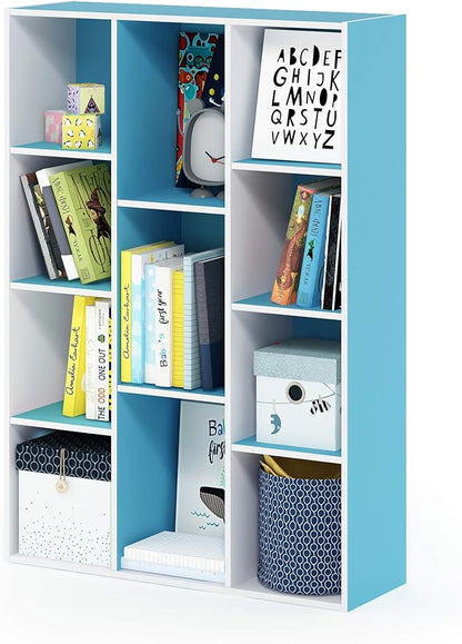 Furinno LUDER Book Shelf, 11-Cube Bookshelf, Reversible Bookcase, 9.4 x 29.1 x 41.7, Easy Assembly, for Living Room, Bedroom, Home Office, White/Light Blue by Furinno-FitsYourSpaceFitsYourBudget
