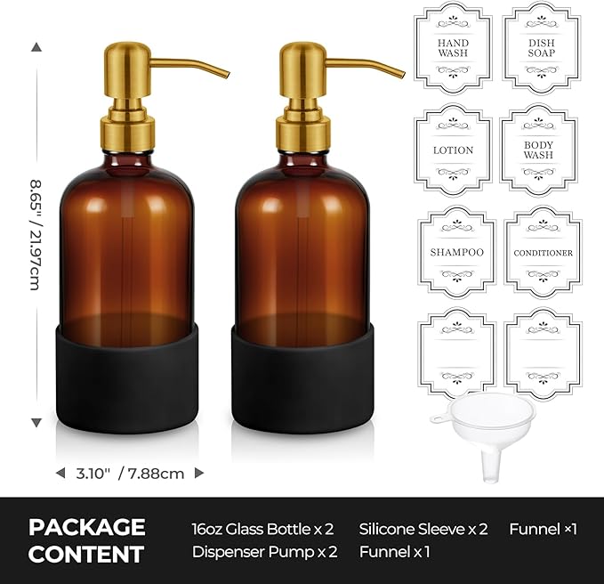 16 oz Hand and Dish Soap Dispenser Set for Kitchen and Bathroom, 500ml Amber Glass Soap Dispenser with Stainless Steel Golden Pump, Non-Slip Silicone Sleeves, Labels - 2 Pack