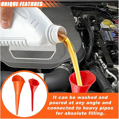 2PCS Long Neck Oil Funnels, Multi-Purpose Spill Saver Funnel, Plastic Funnel for Filling Automotive Oils Lubricants Engine Oils Water Diesel Fuel Kerosene and Other Liquids (Small Red+Orange)