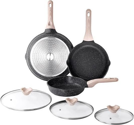 Kordisen Nonstick Frying Pan Set with Lids, 3 Piece Skillet Set, Healthy Induction Cooking Pan, Stay-Cool Handle, Compatible with All Stovetops, PFOA Free (8, 9.5, 11 Inch) by Kordisen