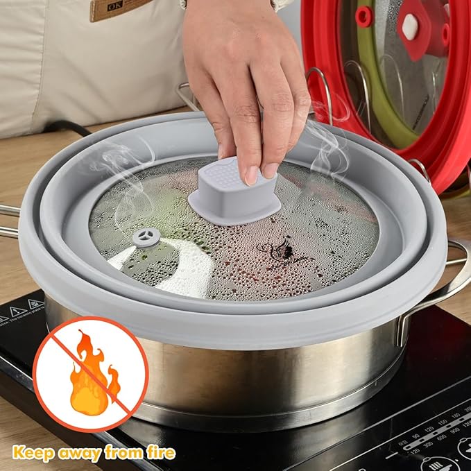 Tall Microwave Splatter Cover Glass Cover Guard Lid 5.8 inch Height with Collapsible Silicone for Food Pot Plate 10.8 inch Grey
