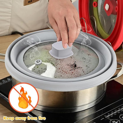 2 Pack Microwave Splatter Cover Glass Guard Lid with Collapsible Silicone for Food Pot Plate 8.5 inch and 9.8 inch Grey, Tall Lid and Standard Size Lid