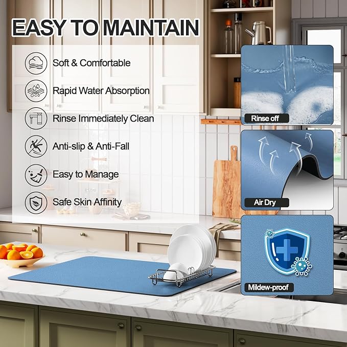 Ecotrim - Dish Drying Mat for Kitchen Counter | Coffee Bar Mat for Countertops | Heat Resistant Drainer Mat with Non-slip Rubber Backed | Hide Stain Kitchen Absorbent Draining Mat | Blue 18"x24" - Image 3