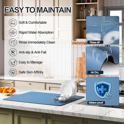 Ecotrim - Dish Drying Mat for Kitchen Counter | Coffee Bar Mat for Countertops | Heat Resistant Drainer Mat with Non-slip Rubber Backed | Hide Stain Kitchen Absorbent Draining Mat | Blue 18"x24" - Image 3