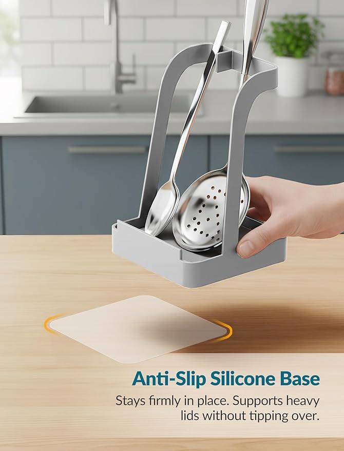 NiHome Upgraded Pot Lid and Spoon Rest with Diatomite Absorbent Tray & Silicone Anti-Slip Pad – Sturdy Metal Frame, Multifunctional Ladle Holder for Kitchen Countertop, 3.9"x3.9"x6" (Gray) - Image 3