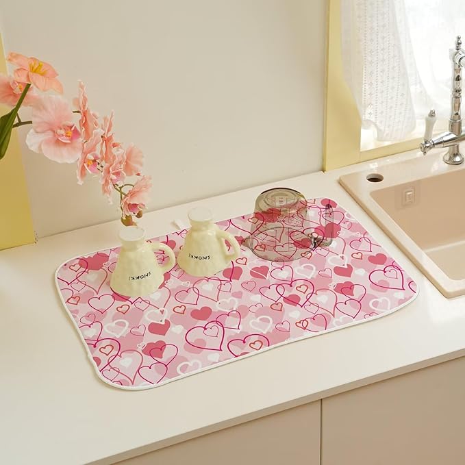 Valentines Day Dish Drying Mat 18 x 24 inch Pink Love Hearts Decorative Drying Mats Microfiber Absorbent Romantic Dish Washable Draining Mat for Kitchen Counter Decor