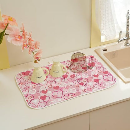 Valentines Day Dish Drying Mat 18 x 24 inch Pink Love Hearts Decorative Drying Mats Microfiber Absorbent Romantic Dish Washable Draining Mat for Kitchen Counter Decor