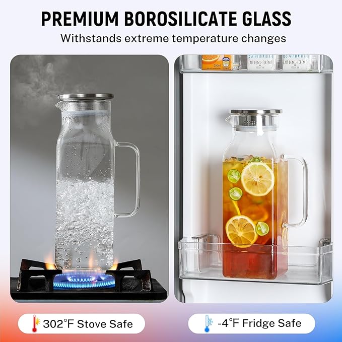 2 Quart (2 Liter 68 oz) Square Glass Pitcher with Lid and Spout, Water Pitchers with Handle for Fridge, Borosilicate Glass Carafe for Hot/Cold Drink, Large Jug for Iced Tea, Coffee,Juice,Milk,Beverage - Image 4
