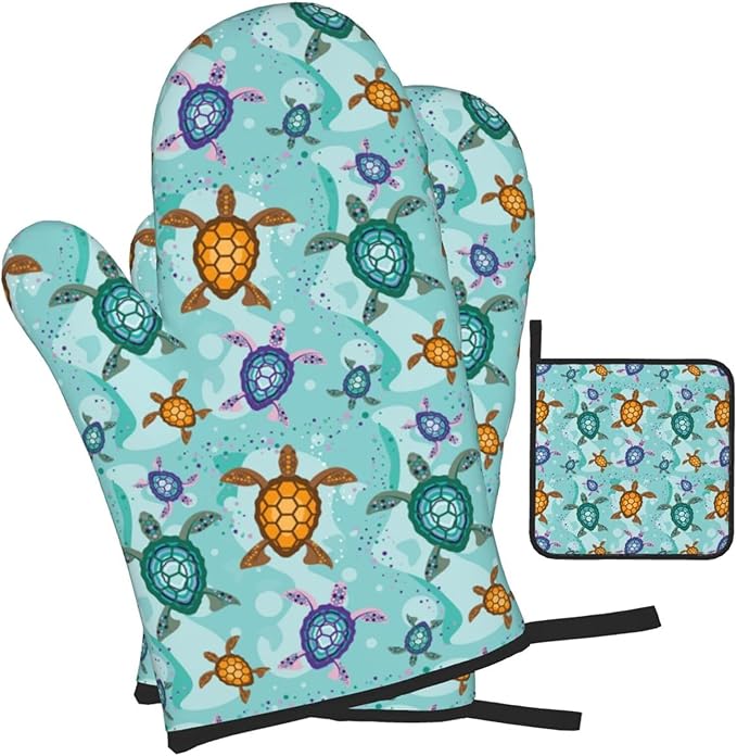 Cute Sea Turtle Beach Oven Mitts and Pot Holders Set Ocean Themed Decorative Heat Resistant Microwave Oven Gloves for BBQ Baking Grilling Cooks Kitchen Decor 3 Piece - Image 2