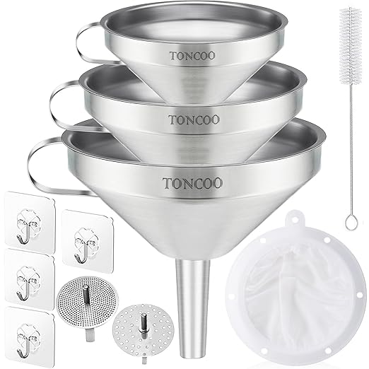 Toncoo 3 Pack Stainless Steel Funnels for Kitchen Use, Food Grade Cooking Funnel with 3 Strainer, Kitchen Funnel Set Metal Funnels for Filling Bottles