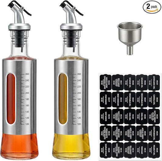 Olive Oil Dispenser for Kitchen, 2 Pack 10oz/300 ML Cooking Oil and Vinegar Dispenser Set with 20 Labels Stainless Steel Funnel, Olive Oil Bottle, Soy Sauce Dispenser, Coffee Syrup Bottles