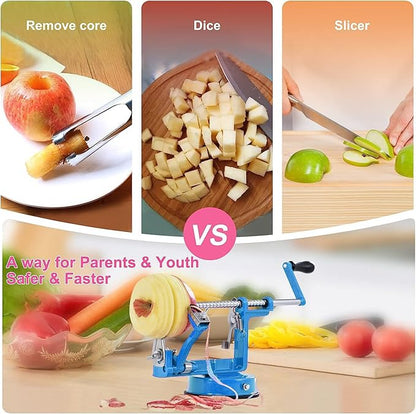Apple Peeler, Slicer Corer Potato Peelers 3 In 1, Stainless Steel Heavy Duty with Suction Cup Base And 3 Extra Blades (Blue)