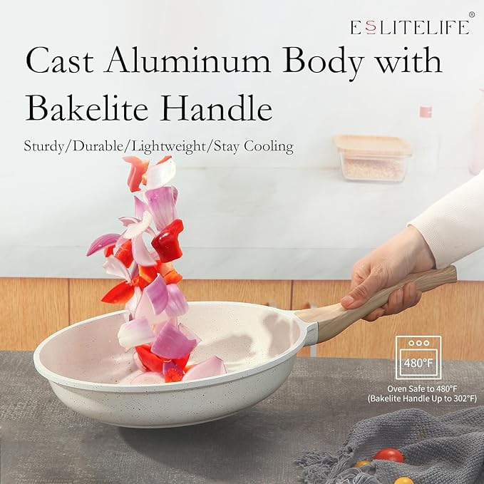 ESLITE LIFE Nonstick Ceramic Frying Pan Skillet, Non-Toxic Egg Omelette Kitchen Cooking Pans Compatible with All Stovetops (Gas, Electric & Induction), PTFE & PFOA Free (White, 11'') - Image 5